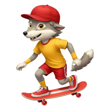 A gray wolf with large, expressive eyes and a friendly smile. The gray wolf is wearing a bright yellow T-shirt, red shorts, white knee socks, and sneakers. The baseball cap is on backwards. The wolf is preparing to perform a skateboarding trick. sticker