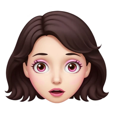 Barbie like emoji of a woman with white skin wavy dark brown hair, brown eyes wearing pink and with a surprised look sticker