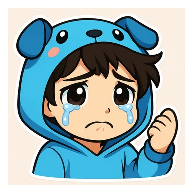 Edit the boy's face to have a sad, teary-eyed expression, keeping the original cartoon style and quality consistent with chibi stickers style. sticker