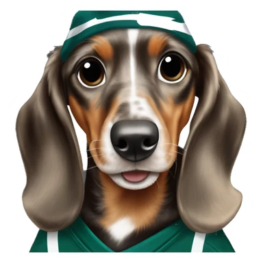 Miniature Tri Merle Medium Light Tri Brown Spotted Dachshund wearing Philadelphia Eagles Hat with C on Jersey sticker