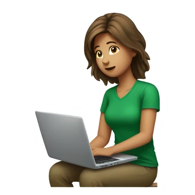 Brown hair girl in a green T shirt working on a laptop sticker