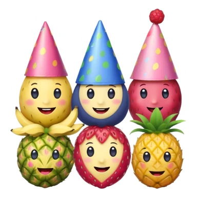 strawberry, blueberry, raspberry, banana, mango, pineapple pink lady apple having a party sticker