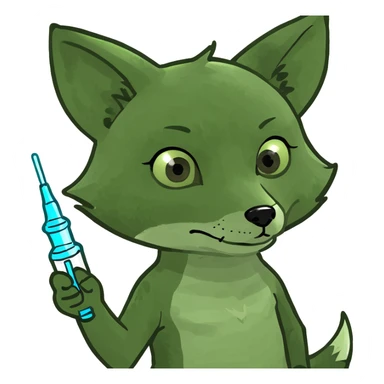 Add a syringe or capsule to the baby fox, referencing pharmacology, in the bufo frog meme style, with no background. sticker