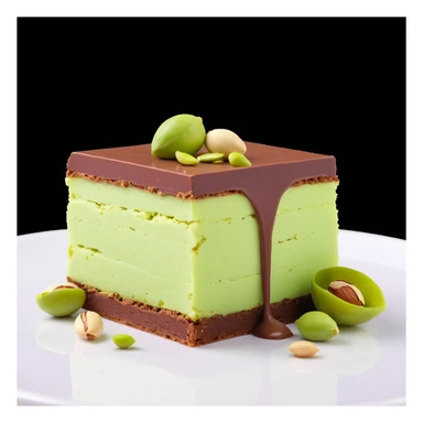 3D render of the Dubai chocolate with a bite missing, exposing a rich green pistachio kataifi center (shredded pastry and pistachio), dramatic lighting sticker