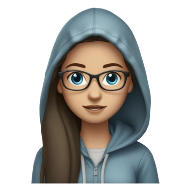 A brunette girl with long straight hair, blue eyes, glasses and a hoodie sticker