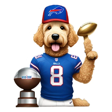 Golden doodle wearing a buffalo bills cap and holding up the Super Bowl trophy  sticker