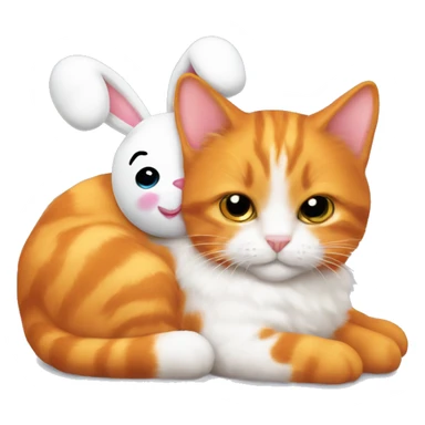 Orange cat holding stuffed animal white bunny for bed sticker