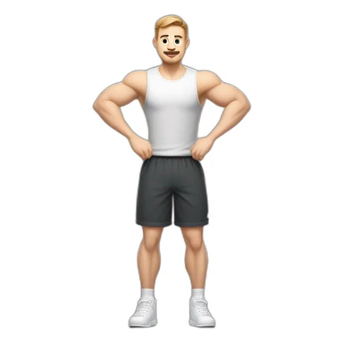 Full height Actively gesturing with hands Pale skinned Fit Man With the biceps and brown hair in dark gray Sleeveless Mike, black oversize sports shorts and white Sneakers sticker