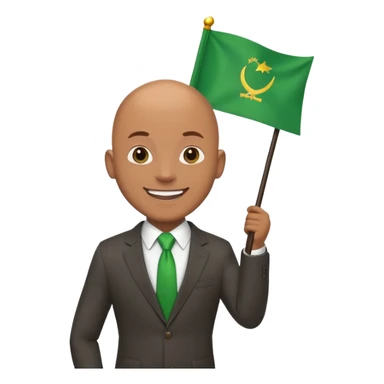 Create a emoji of a man in a suit brown skin with bald holding 1  green flag smiling sticker