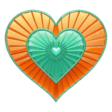 orange glittery heart, chopped  in pieces like shattered glass edges  with a couple mint green art deco fans in the center sticker