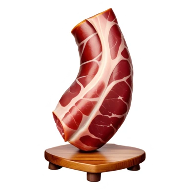 ​Cinematic Realistic Spanish Jamón Leg, depicted as a massive, cured leg of Jamón serrano (ham) with a deep reddish-brown hue, intricately marbled and slightly glossy with age, elegantly displayed on a rustic wooden stand and bathed in warm, soft lighting that accentuates its artisanal heritage, sticker