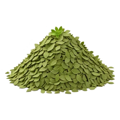 small loose pile or pinch of dried oregano leaves, soft green to muted olive tones, crumbly irregular texture, finely broken up, lightweight, slightly curled, dry matte surface, 3D-rendered, clean, minimal, soft lighting and shadows, no faces or container, transparent background, emoji scale sticker