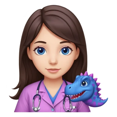 pretty brunette nurse with long hair and blue eyes in pink and purple dinosaur pattern scrubs sticker