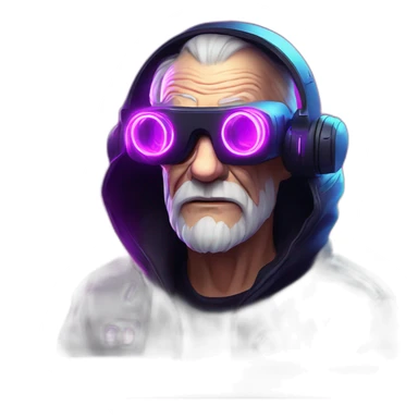 Russian old man wearing a black hoodie with "OMG" letters on it and VR headset in a cyberpunk VR environment with violet neon lighting. sticker