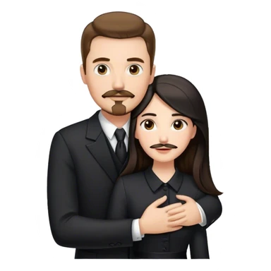 tall white man with brown hair goatee mustache hugging a pale woman with long black hair, wearing formal clothing sticker