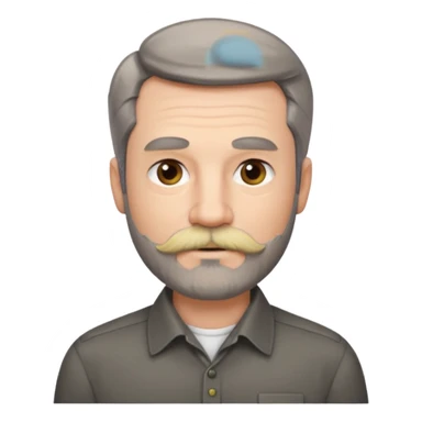 50 yr old white man, pale skin, dark grey hair with some brown highlights, side swept part, groomed moustache and beard sticker