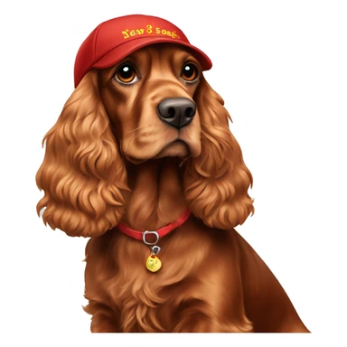 A full-length, adult, red cocker spaniel in a New Year's cap sticker