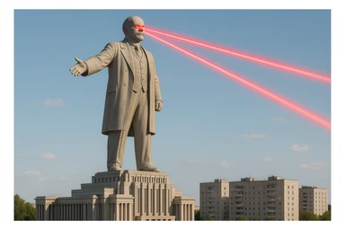 Дворец Советов, основной упор на 100-метровую фигуру Ленина, у которой из глаз вылетают 2 луча прожектора красного цвета.

На фоне можно поставить обычные пятиэтажки-панельки, которые в 20 раз меньше Дворца Советов

Стиль фото реализм, обычный солнечный день  sticker