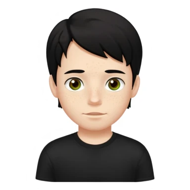 A boy with dark black hair and hazel green and brown eyes and white skin , with freckles and black t shirt with middle part hair hair with a center part sticker