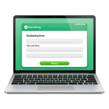 A emoji-style illustration of a laptop front facing with its screen showing onboarding form. On the screen, display a small white form card with a few simplified input fields. Add a bright green 'Next' button at the bottom of the card. sticker