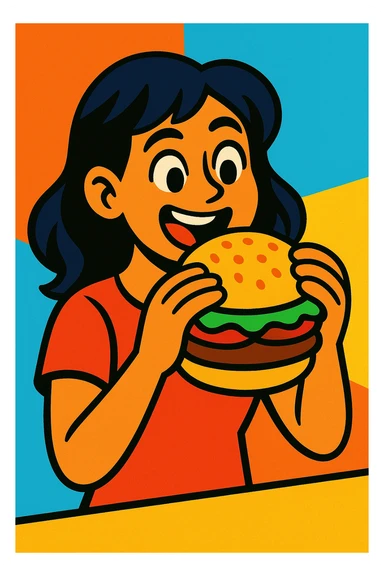 a girl with dark hair eating a burger, vibrant cartoon style sticker