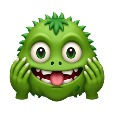 bashful monster emoji hiding its face with claws, peeking out with nervous scared eyes, small trembling mouth sticker