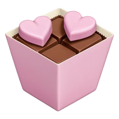 Two square milk chocolate pralines only, Each praline is a sharp-edged cube with smooth glossy chocolate coating, placed in a small white fluted paper candy cup. On top of each cube is a flat pastel pink heart-shaped icing, thin and smooth, slightly translucent, with fine sugar crystal sparkle. sticker