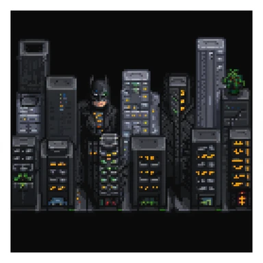 Pixel art night scene of Gotham City. Dark, moody street with a flickering lamppost, trash bins, and a few shadowy human silhouettes. Gritty atmosphere, subtle lighting, cinematic noir vibe. sticker
