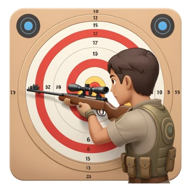 A focused marksman aiming at a target with a rifle, displaying perfect form and concentration. The background includes a target board with concentric rings, emphasizing accuracy and precision in a competitive shooting environment sticker