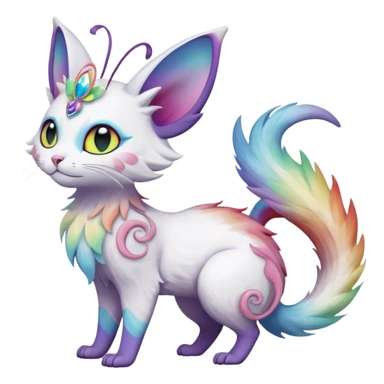 Pure-snow-White albino iridescent with pastel rainbow-gradients-color-markings with swirly patterns butterflies  faerie-Noivern-Noibat-Purloin-Torracat-Lykoi-Caracal-cat-Fakemon-fusion-hybrid-creature sticker