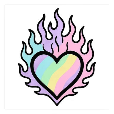 pastel goth heart with pastel flames and black outline, pastel rainbow and black, whimsical gothic style sticker