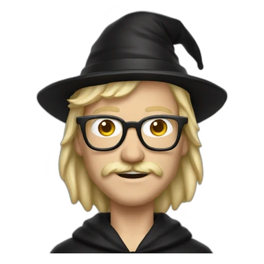 A man with blond hair and a mustache, wearing a black squared shaped eye glasses, wizard hat, black  robe sticker