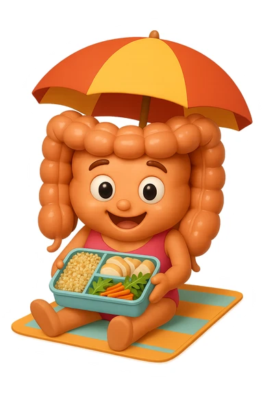 EMOJI STILE IPHONE DI INTESTINO DONNA CON COSTUME INTERO IN SPIAGGIA SEDUTO SU UNA SPIAGGINA SOTTO L'OMBRELLONE CON IN MANO UNA SCHISCETTA DI Insalata di quinoa e pollo con rucola e carote, iperrealistica 4k sticker
