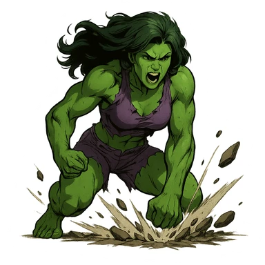 angry woman Hulk smashing the ground, green skin, muscular build, torn purple clothes sticker