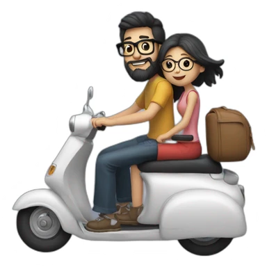 long hair boy with beard and spectacles and girl riding on black scooter sticker