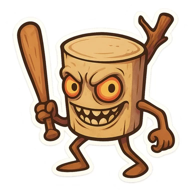 square image of absurd wooden stick-man creature, drum-like cylindrical body, holding baseball bat, cartoon style, bright vivid colors, expressive face, dynamic pose, a bit creepy yet funny,  sticker