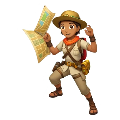 An icon featuring an adventurer in a dynamic action pose, with treasure maps, ancient ruins, and jungle landscapes in the background. The design includes clues, hidden passages, and climbing gear, symbolizing the thrill of exploration and discovery. Transparent background. sticker