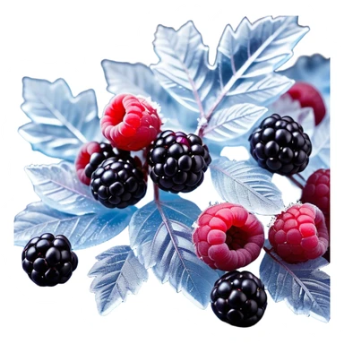 A visually stunning composition of frozen forest berries, including blueberries, raspberries, and blackberries, covered in frosty ice crystals. The berries are fresh and vibrant, with deep reds, purples, and blues. The ice has a translucent, glossy texture, reflecting soft light. The background is a dark, blurred, cool-toned surface to emphasize the contrast and freshness. The composition is artistic, with some berries partially submerged in crushed ice. The overall mood is refreshing, cold, and appetizing. sticker