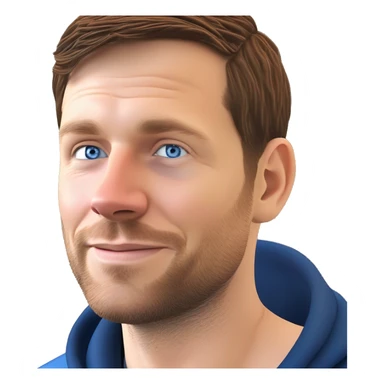 A head and shoulders shot of a 34 year old white man, with short brown hair,   with blue eyes wearing a t-shirt. sticker