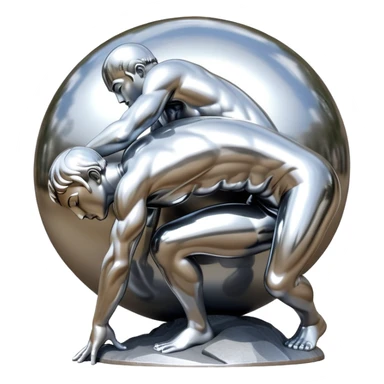 sorayama Sisyphus pushing up big sphere on his back sculpture sticker