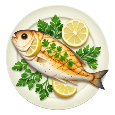 Draw a grilled fish fillet on a plate with lemon slices & herbs. sticker