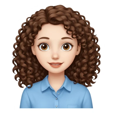 Light brown eyed female with pale skin. She has big eyes, curly and long dark brown hair and thin lips smiling. sticker
