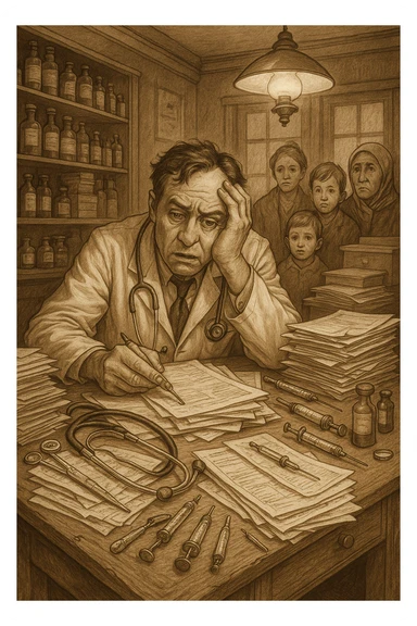 A doctor looking overwhelmed with paperwork and patients, using old-fashioned medical tools, no modern technology, in a medical office, detailed scene sticker