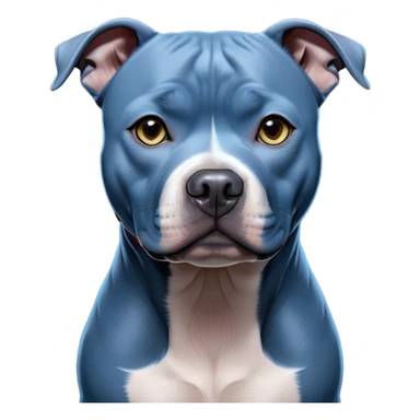 Cinematic Noble Blue Staffordshire Bull Terrier Portrait Emoji, Poised and regal, with a compact, muscular build and a sleek, well-groomed blue Fur, deep-set soulful dark eyes, Simplified yet sharp and sophisticated features, highly detailed, glowing with a soft, dignified glow, high shine, intelligent and loyal, stylized with an air of strength, focused and attentive, soft glowing outline, capturing the essence of a watchful and confident guardian, so majestic it feels as though it could stride out of the screen with effortless authority! sticker