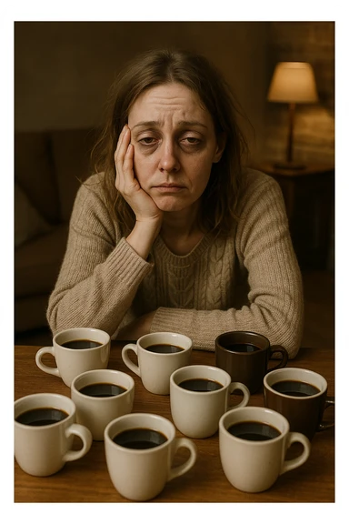 donna con stanchezza cronica distrutta e stanca che si fa tanti caffè sticker