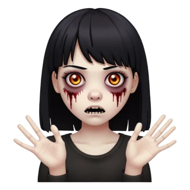 uma menina zumbi com cabelo preto e liso e uma franja. ela tem um estilo meio emo e com as mãos para frente com uma cara assustadora  sticker