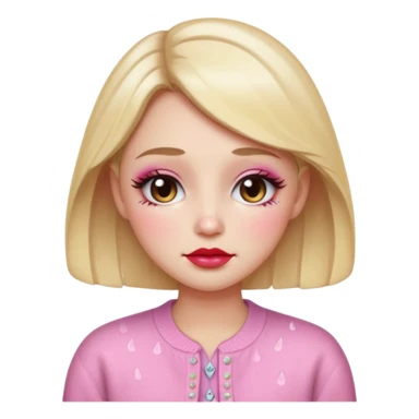 “Emoji girl, dewy skin, heavy blush across cheeks and nose bridge, glossy cherry lips, soft eyeliner, teary sparkling eyes, pastel cardigan.” sticker