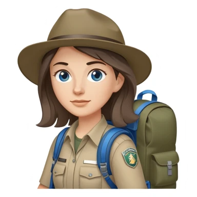 white woman park ranger with gray and brown hair, blue eyes, wearing a backpack sticker