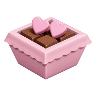 Two square milk chocolate , Each praline is a sharp-edged cube with smooth glossy chocolate coating, placed in a small white fluted paper candy cup. On top of each cube is a flat pastel pink heart-shaped icing sticker