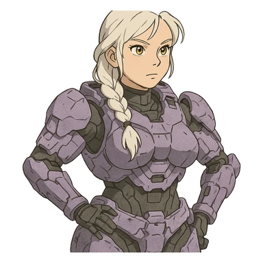 female, wearing reach spartan armor default, long white braid hair, gold yellow eyes, attention pose, halo series, no helmet, the armor is lavender color scheme, shoulder pad off. DDD bust size fitting. Punk gothic cyberpunk sticker